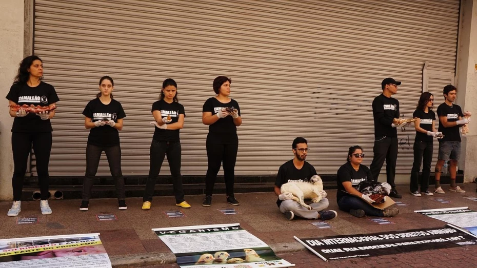 Grupo vegano realiza manifestação com animais reais