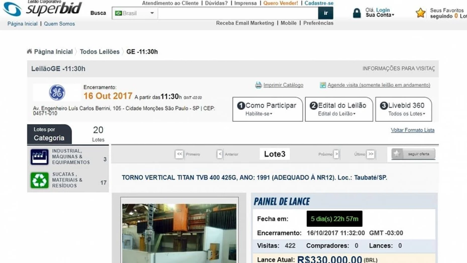 GE realiza leilão de equipamentos industriais da planta de Taubaté GE realiza leilão de equipamentos industriais da planta de Taubaté