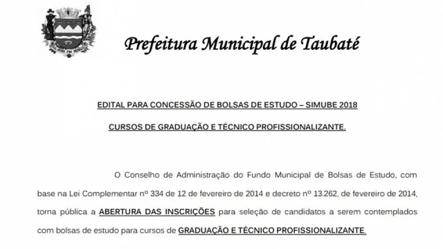 Edital do Simube 2018 é publicado pela Prefeitura de Taubaté