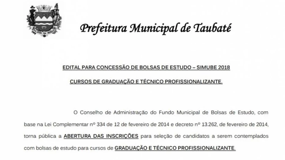 Edital do Simube 2018 é publicado pela Prefeitura de Taubaté Edital do Simube 2018 é publicado pela Prefeitura de Taubaté