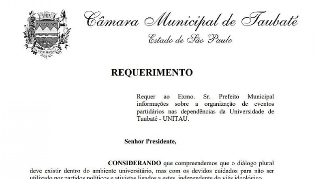 Requerimento pede proibição de debates ‘não acadêmicos’ na Unitau
