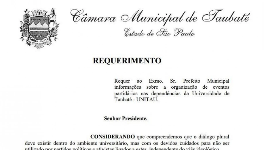 Requerimento pede proibição de debates ‘não acadêmicos’ na Unitau Requerimento pede proibição de debates ‘não acadêmicos’ na Unitau
