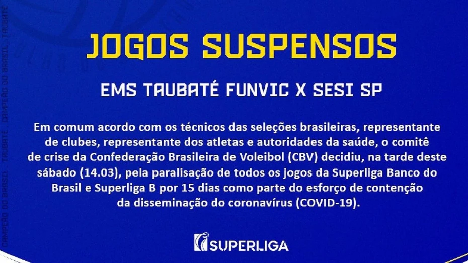 Jogo entre Vôlei Taubaté e Sesi-SP é suspenso pela CBV Jogo entre Vôlei Taubaté e Sesi-SP é suspenso pela CBV