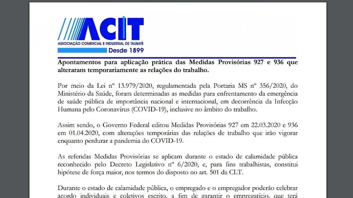Acit disponibiliza cartilha com instruções sobre MPs das leis trabalhistas