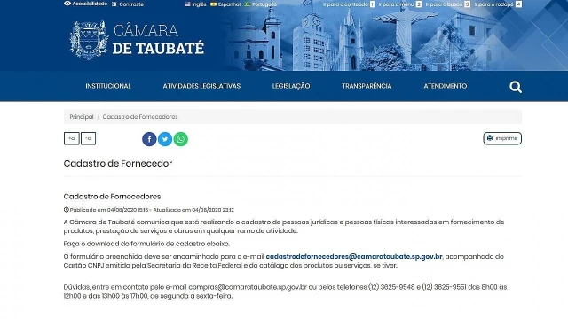 Câmara de Taubaté abre cadastro para empresas se tornarem fornecedoras