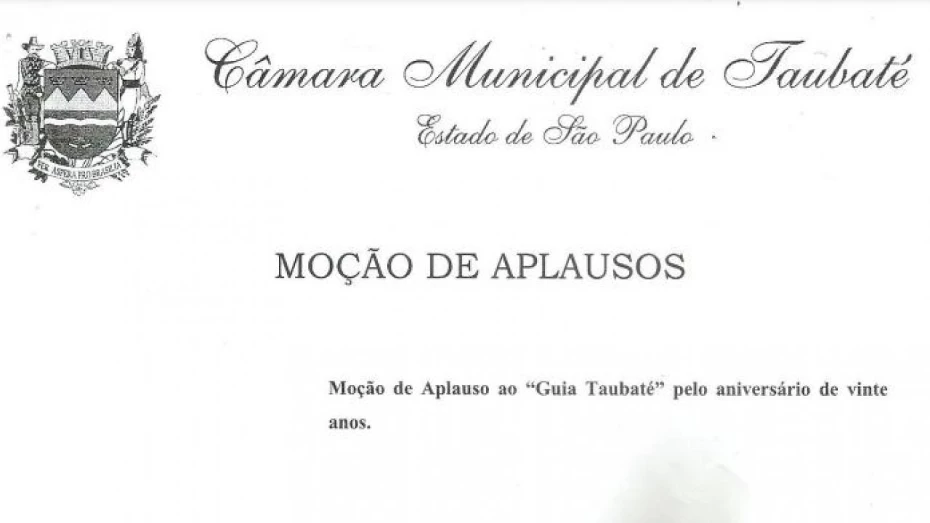Câmara aprova Moção de Aplauso pelo aniversário de 20 anos do Guia Taubaté Câmara aprova Moção de Aplauso pelo aniversário de 20 anos do Guia Taubaté