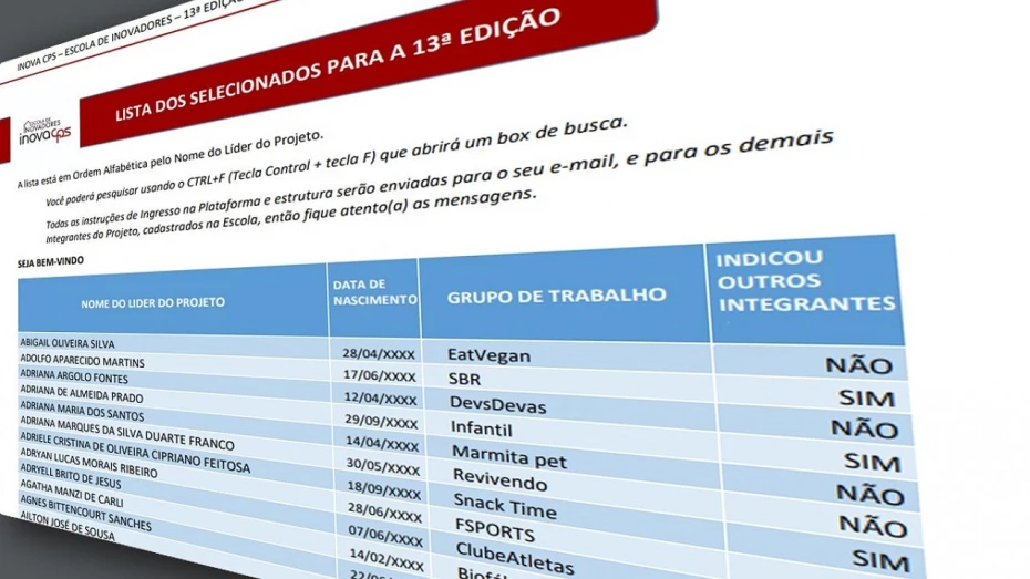Lista de projetos selecionados para 13ª Escola de Inovadores é divulgada Lista de projetos selecionados para 13ª Escola de Inovadores é divulgada