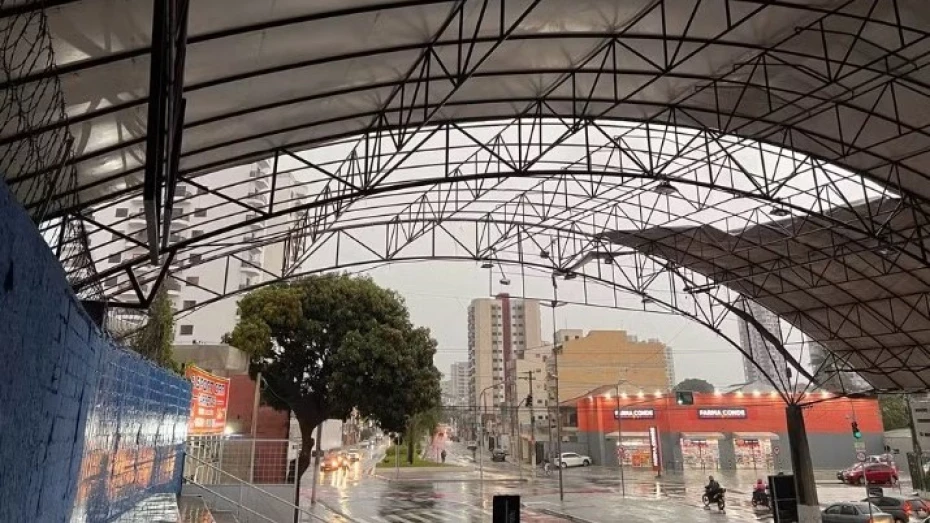 Chuva acompanhada de vento forte derruba 15 árvores e danifica cobertura da Avenida do Povo, em Taubaté