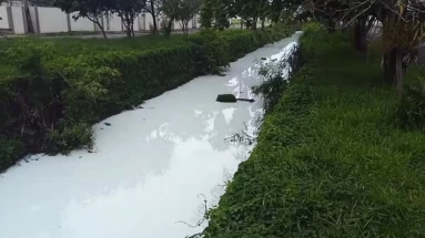 Taubaté: Substância que vazou e tingiu água de córrego em Taubaté é tóxica, diz Cetesb