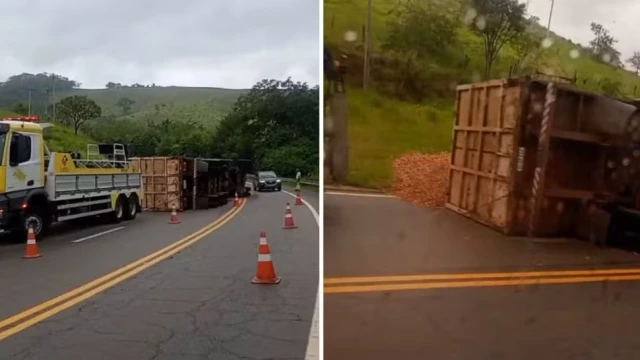 Carreta tomba na Rodovia Oswaldo Cruz e interdita trecho em Taubaté