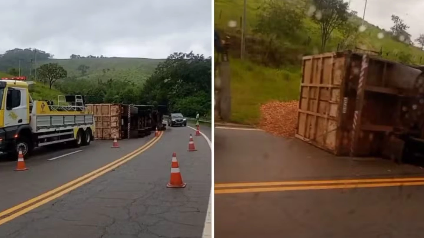 Carreta tomba na Rodovia Oswaldo Cruz e interdita trecho em Taubaté