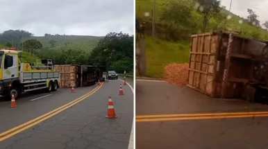 Carreta tomba na Rodovia Oswaldo Cruz e interdita trecho em Taubaté