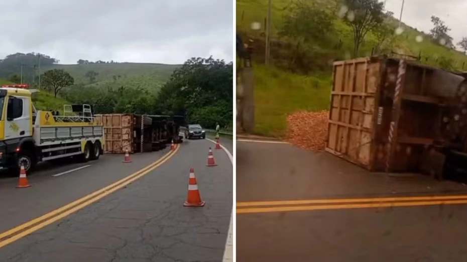 Carreta tomba na Rodovia Oswaldo Cruz e interdita trecho em Taubaté